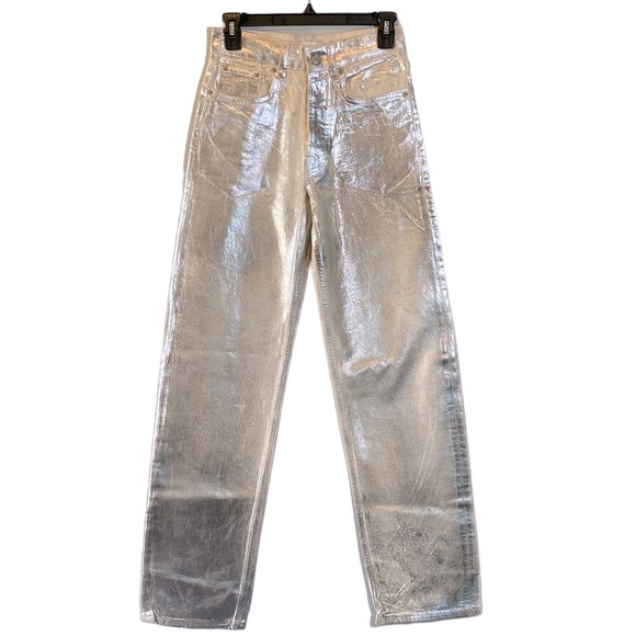 Zara Metallic Jeans NWOT Womens US 2 Silver The Boy Boy Fit Painted Blogger Fave - Picture 2 of 16